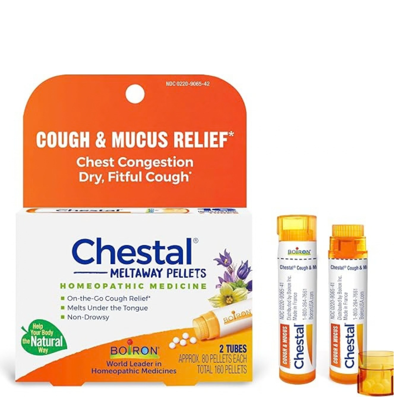 Boiron Chestal Pellets, Cough, Mucus & Congestion Relief, 2 Tubes (160 Pellets)