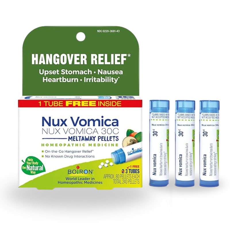 Boiron Nux Vomica 30C, Hangover & Upset Stomach Relief, 3 Tubes (240 Pellets)